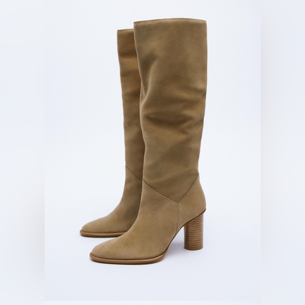 NWT Zara Heeled Suede Knee High Boots size 8